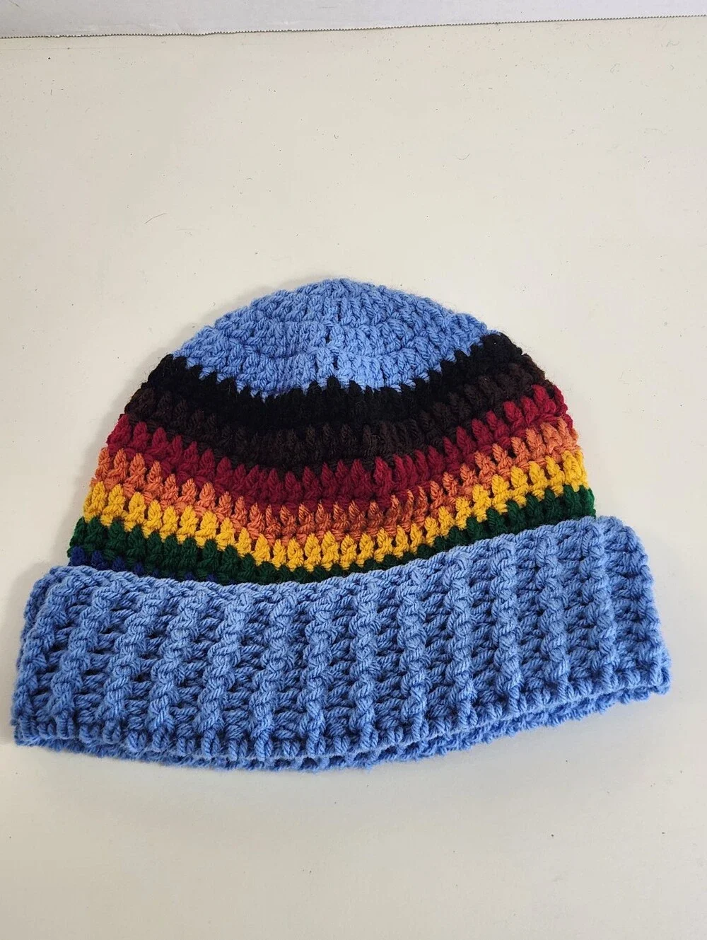 Handmade Crochet Knit Cap Beanie Hat Blue with Rainbow Stripe One Size